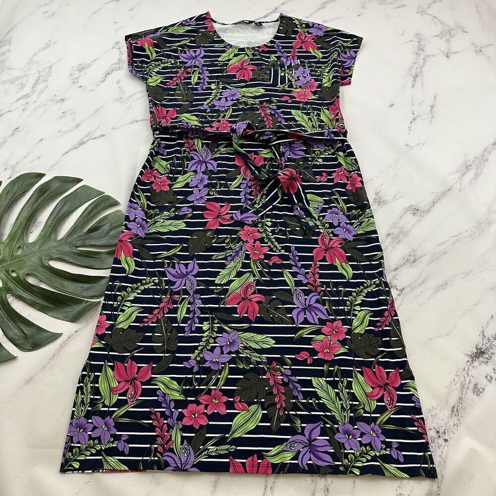 Lands End Womens Midi Dress Size M Navy Blue Floral Stripe Cap Sleeve Stretch